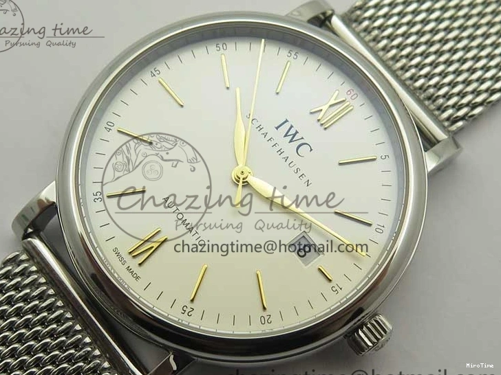 MIROTIME 0701 Breathable Portofino IW356501 SS V3 MK 1:1 Best Edition White Dial Gold Markers On SS Mesh Bracelet MIYOTA 7197